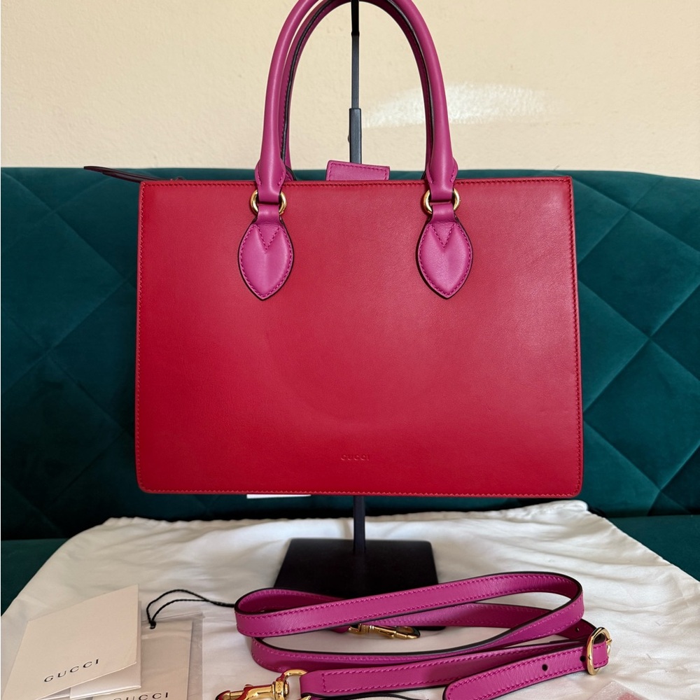 Gucci Pink/Red Leather Open Top Tote Bag